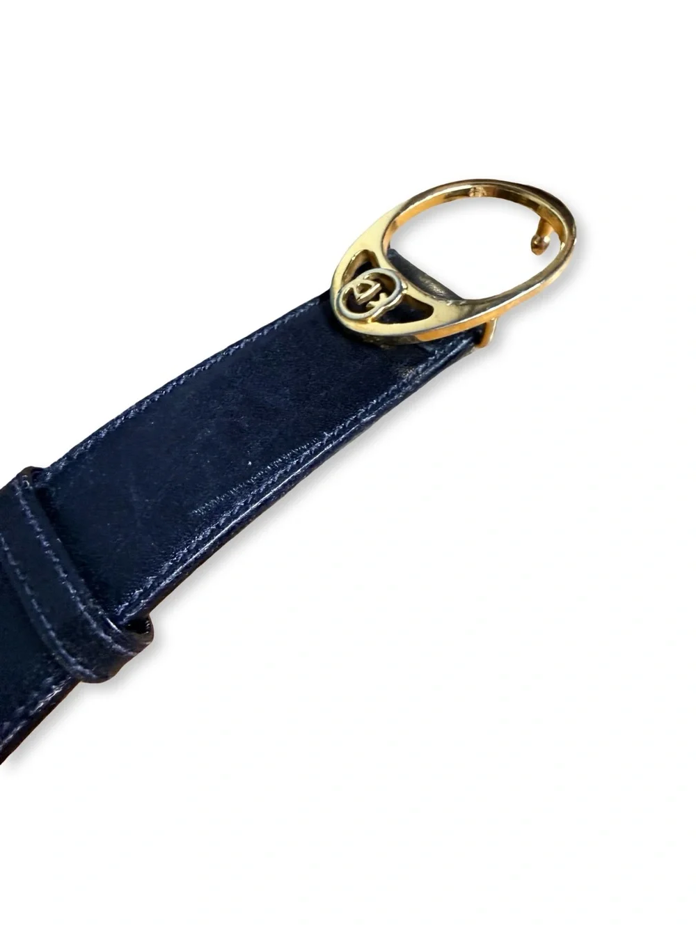 Vintage 1970s Gucci Black Leather Belt Gold Oval Interlocking GG Buckle 75 30